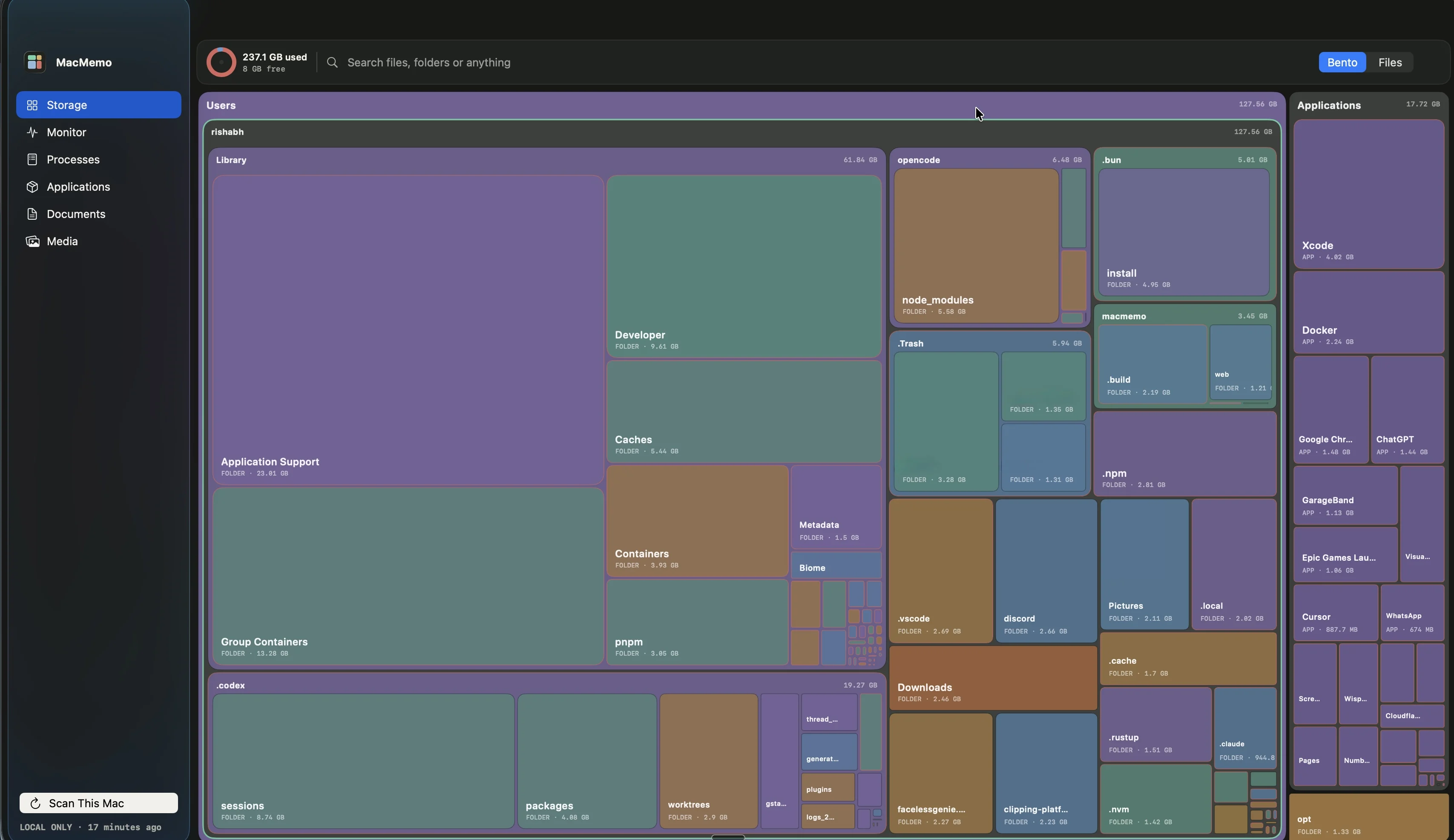 MacMemo Storage showing a visual map of files and applications